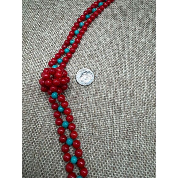 Long Red & Turquoise Glass Bead Necklace with Knotted Accents Unique - Picture 7 of 10